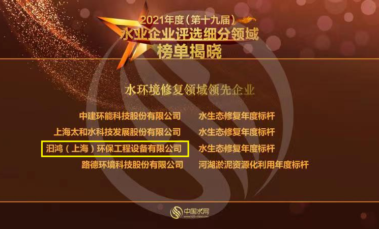 喜報(bào)！汩鴻環(huán)保榮獲“2021年度水環(huán)境修復(fù)領(lǐng)域領(lǐng)先企業(yè)”